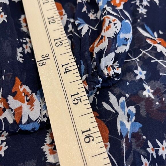 Joie Silk Floral Sheer Blouse Navy Blue Rust Button Front Wide Neck Oversized XS - Picture 9 of 10